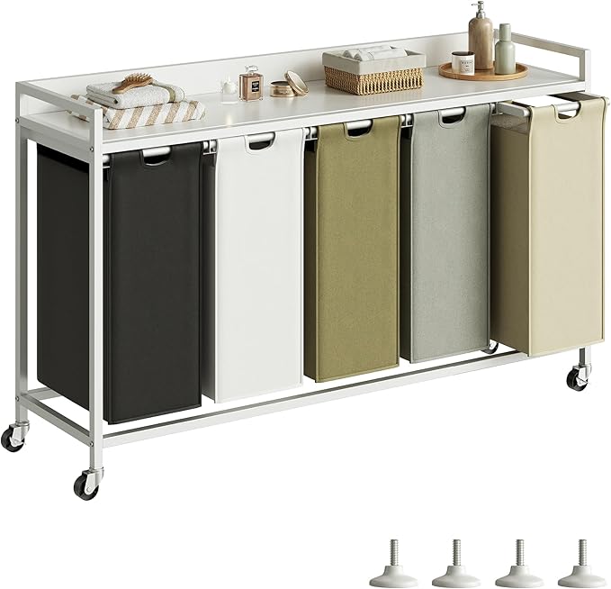 Laundry Hamper with Shelf, Laundry Basket 5 Section, Laundry Sorter with Pull-Out Removable Large 5 Color Bags and Movable Wheels, Metal Frame, 5 x 15.87 Gallons (60L), White PF08XLE