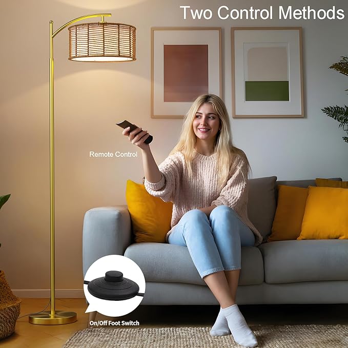 Oneach 62.5" Gold Arc Floor Lamp for Living Room, Rattan Boho Floor Lamp with Remote and Dimmable Bulb, 3 Color Temperatures, Farmhouse Rustic Modern Standing Lamp for Bedroom Office Corner