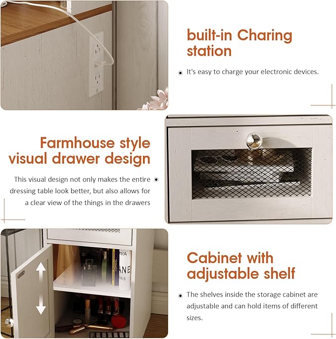 Farmhouse Vanity Desk with Mirror and Lights,White Makeup Vanity with 5 Drawers & Hidden Storage,Rustic Large Dressing Table with Charing Station & Shelves for Bedroom