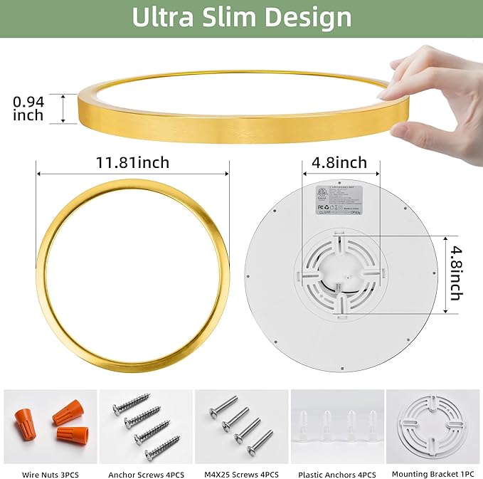 hykolity 12 Inch Selectable CCT LED Round Flat Panel Light, 24W 3000K/4000K/5000K, Edge-Lit Flush Mount Ceiling Light Fixture for Kitchen, Bedroom, Laundry and Closet Room，Gold