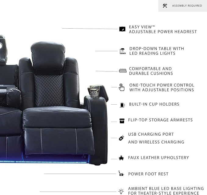 Signature Design by Ashley Fyne-Dyme Contemporary Power Reclining Sofa with USB Charging Ports and Adjustable Headrest, Blue