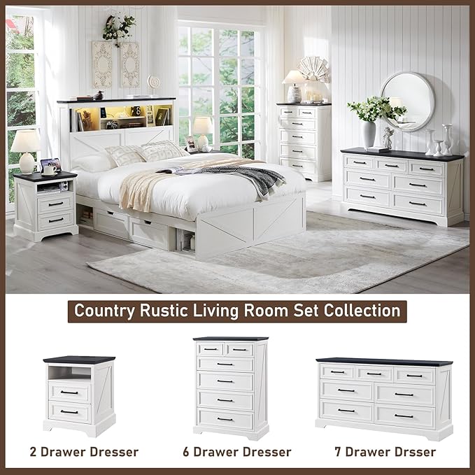 6 Drawer Dresser, Farmhouse Chest of Drawers for Bedroom, 44" Tall Dresser with Large Metal Handles, Wood Drawer Organizer for Living Room, Hallway, Closet - White