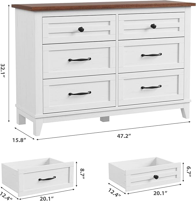 GarveeHome 6 Dresser for Bedroom, 47" Wide Drawer Dresser with Storage Freestanding, Wooden Closet Storage Chest for Living Room, Bedroom, Entryway, White+Brown