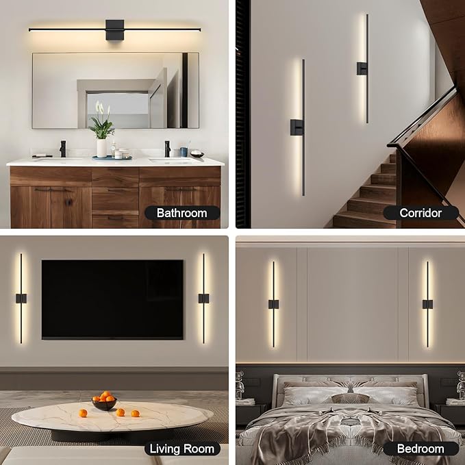 Battery Operated Wall Sconce Set of Two with Remote Control, 3000K-6000K Dimmable Black Wall Lights, Timable LED Wireless Wall Sconces, 350° Ratate for Bathroom, Living Room, Hallway 39.4 Inch