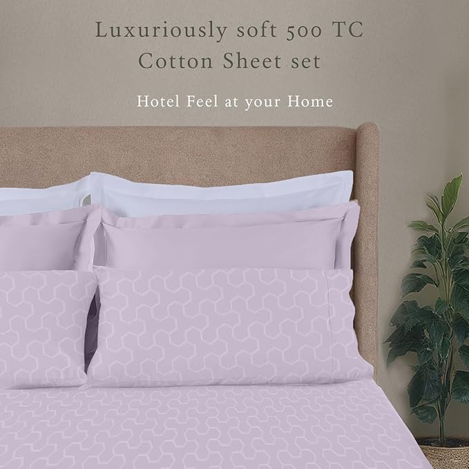 Threadmill Cotton Queen Sheet Set | 500 Thread Count 100% Cotton Sheets for Queen Size Bed | Damask Jacquard Queen Bed Sheets Set with 16” Deep Pocket Fitted | Soft Sateen Cooling Bedding Set | Lilac