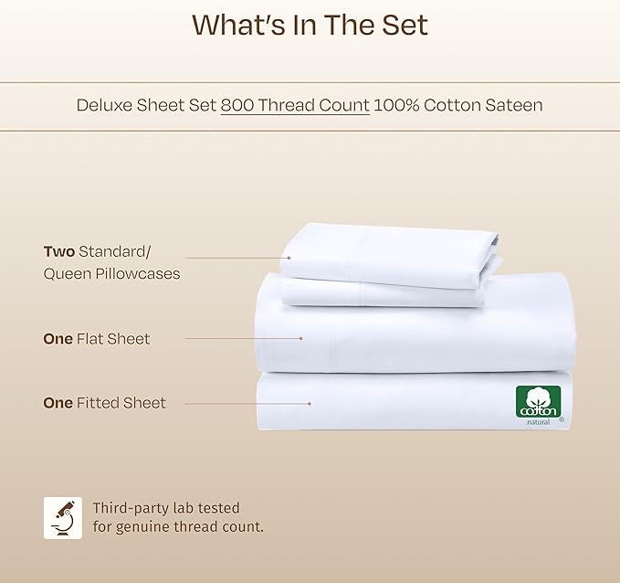 California Design Den Luxury 800 Thread Count 100% Cotton Sheets for Queen Size Bed - Soft Sateen,Deep Pockets with Anti Skid Elastic for a Snug Fit, Cool & Durable Bedding Set - White Sheets