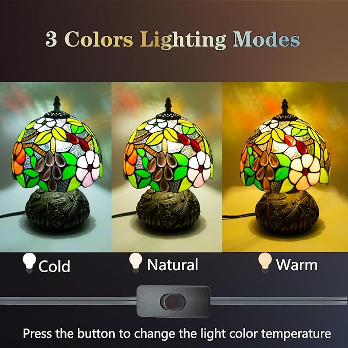 Small Tiffany Stained Glass Lamp, 3 Color Temperatures Bedside Lamp, 8 Inch Mushroom Desk Light for Bedroom Living Room Office Home Decor (Grape Pattern)