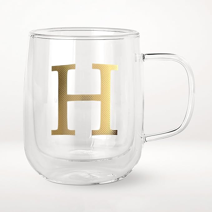 COLLECTIVE HOME - Double Walled Glass Coffee Mugs, Insulated Coffee Mug with Handle, Personalized Gifts for Women, Men, Christmas, 14 oz Monogram Cups (H)