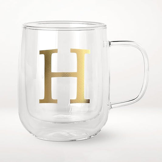 COLLECTIVE HOME - Double Walled Glass Coffee Mugs, Insulated Coffee Mug with Handle, Personalized Gifts for Women, Men, Christmas, 14 oz Monogram Cups (H)