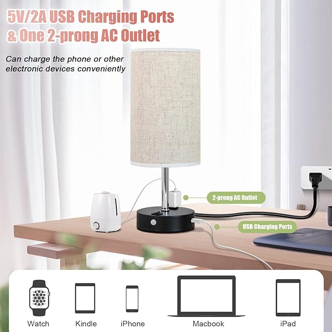 Table Lamp with Motion Sensor and Constant on Mode, USB Lamp Include Warm White Bulb, Built in USB Port & AC Outlet, Bedside Lamp Idea for Bedroom Retro Cream