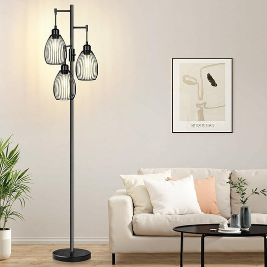 Dimmable Floor Lamp,3x800LM LED Bulbs Included, Farmhouse Industrial Floor Lamp Standing Tree Lamp with Teardrop Cage Head Tall Lamp for Living Room Bedroom Office Dining Room - Black & Marble Base