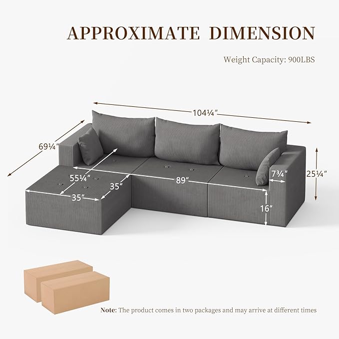 105" Cloud Sectional Sofa, L-Shape Sectional Couch, Modern Corduroy Sofa with Chaise Lounge, No-Assembly Required, Deep Seat Modular Cloud Couch for Living Room, Apartment, Gray