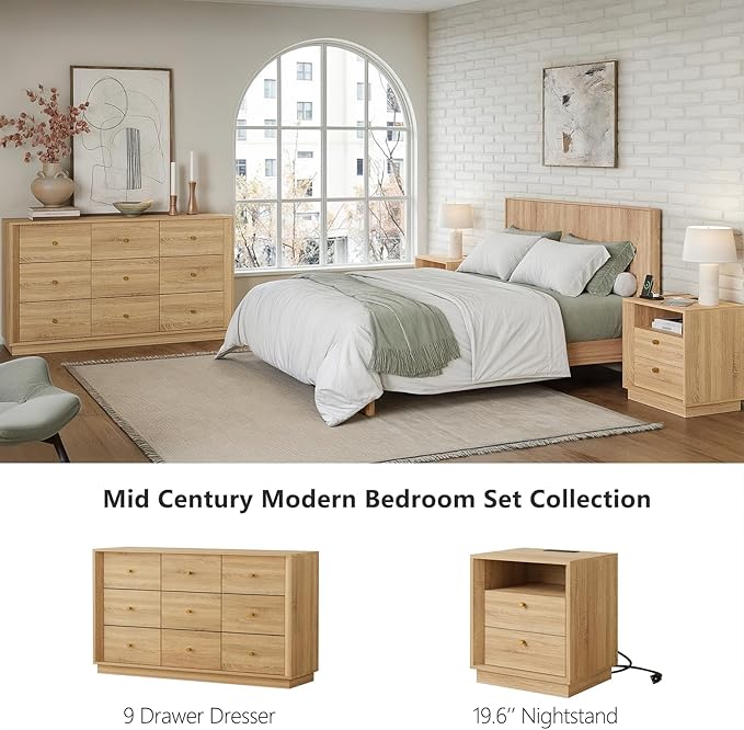 9 Drawer Dresser, Mid Century Modern Dresser with Storage, 55" Wide Chest of Drawers with Wood Grain Texture, Drawers Organizer for Bedroom, Living Room, Hallway, Oak