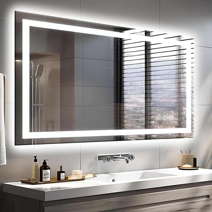 48"x32" LED Bathroom Mirrors for Wall, Front and Backlit Mirror, Anti-Fog Vanity Mirror with Lights, Stepless Dimmable Lighted Mirror, 3 Colors Smart Mirror (Horizontal/Vertical)