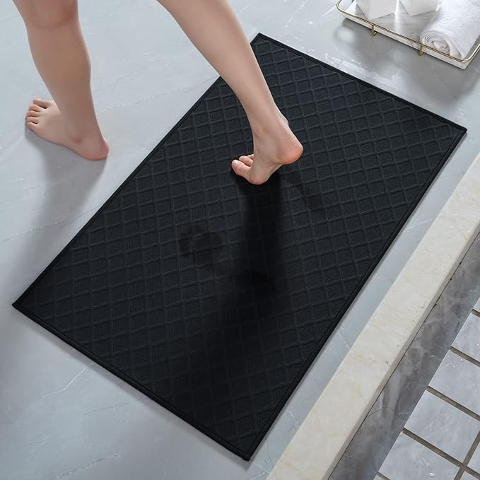 AMOAMI Ultra Thin Bathroom Rugs, Rubber Backed Bath Mats for Bathroom Non Slip, Absorbent Bathroom Mat for Floor, Shower, Sink(20"x 32", Black)