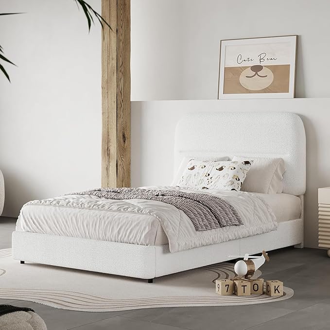 HOMBCK Twin Bed Frames with Headboard, Boucle Upholstered Platform Bed Twin Size for Kids, Rounded Corners & Thickened Footboard, No Box Spring Needed/Easy Assembly, White