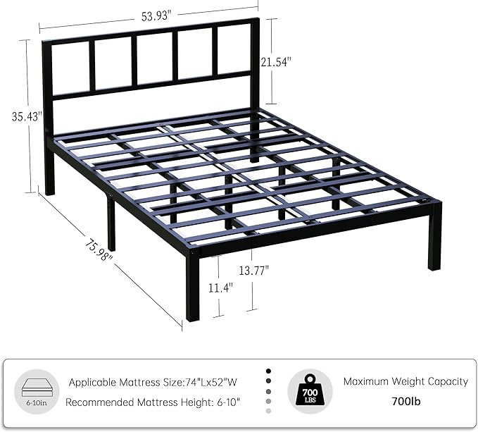 14 Inch Bamboo Bed Frame – Solid Wood Platform Bed Frame, Strong and Stable, with Non-Slip Slats for Support, No Box Spring Needed, Easy to Assemble, Noise-Free (Black with Headboard, Full)