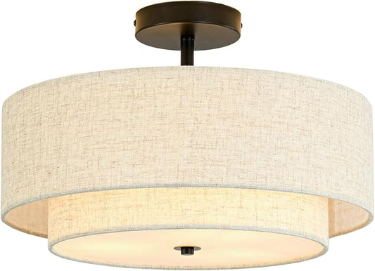 16" Semi Flush Mount Ceiling Light, 3-Light Drum Ceiling Light Fixture with 2-Tier Fabric Linen Shade, Farmhouse Chandelier for Dining Room, Living Room, Bedroom, Kitchen, Hallway, Entryway