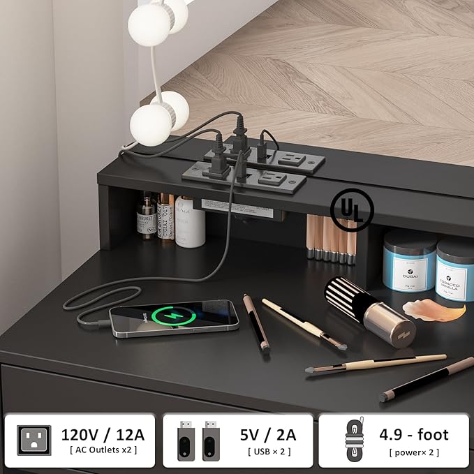 Vabches Vanity with Mirror and Lights,Makeup Vanity Table with Charging Station,Dressing Table with Stool & 3 Storage Compartments,3 Color Modes Available for Bedroom,Black