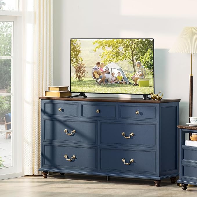 Farmhouse 54" 7 Drawers Dresser for Bedroom, Wide Chest of Drawers w/ 4 Wooden Legs, Vintage Rustic Large Closet Storage Dressers Organizer for Hallway, Wood TV Stand for Living Room, Blue