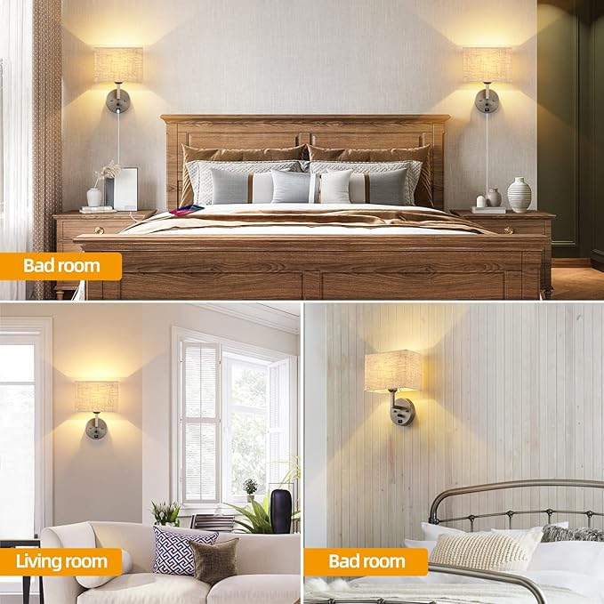 Plug in Wall Sconce with Dimmer Switch and USB Port，1-Light 9.5“Rectangular Linen Fabric Shade，Bedside Wall Lamp Satin Nickel Finish，Wall Lamps Perfect for Bedroom, Living Room and Hotel
