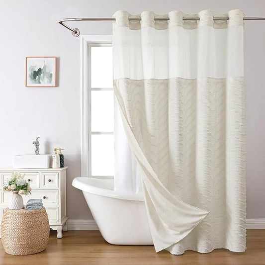 No Hook Tufted Chevron Striped Shower Curtain with Snap-in Fabric Liner set-71Wx74H(72H),Cream Hotel Grade Boho Style Shower Curtain with See Through Top Window,Water Repellent