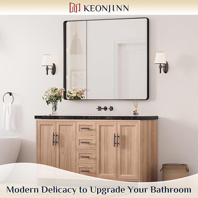Keonjinn Black Bathroom Mirror for Over Sink, 42 x 36 Inch Large Rounded Rectangle Bathroom Vanity Mirror, Matte Black Farmhouse Wall Mirror, HD Tempered Glass, Seamless Aluminum Alloy Frame Mirror