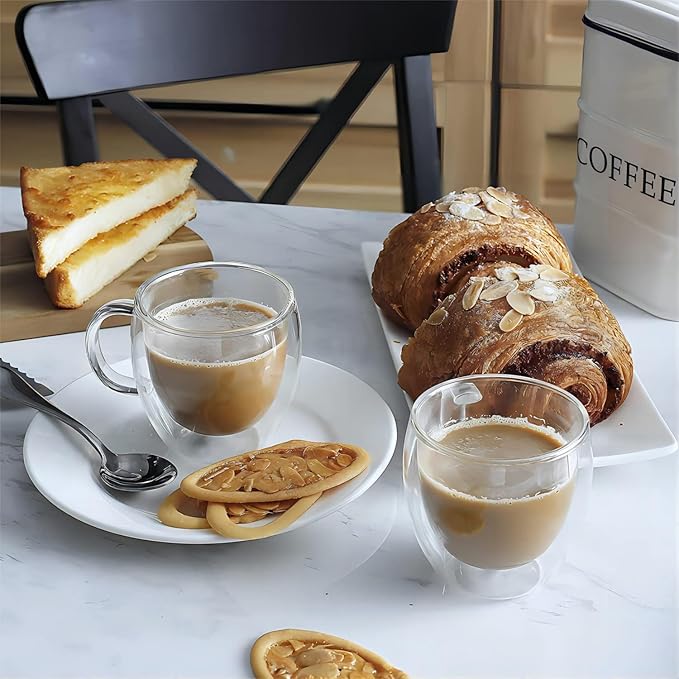 Espresso Cups Set Of 2, Double Walled Glass Coffee Mugs with Handle,Insulated Layer Coffee Cups,Clear Borosilicate Glass Mugs,Perfect for Cappuccino,Tea,Latte,Espresso (8oz-2Pack)