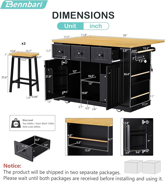 Rolling Kitchen Island with 2 Bar Stools, Kitchen Cart on Wheels with Drop Leaf, Mobile Kitchen Storage Cart with Power Outlet, 53 Inch Width (with 2 Bar Stools: Black)