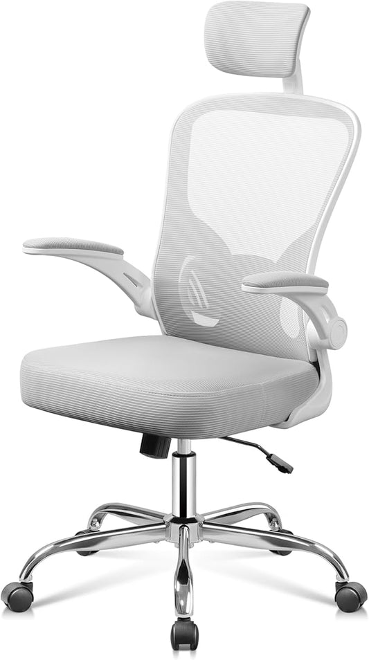 DEVAISE Office Chair, High Back Mesh Ergonomic Desk Chair with Flip-up Armrests, Adjustable Headrest and Lumbar Support, White