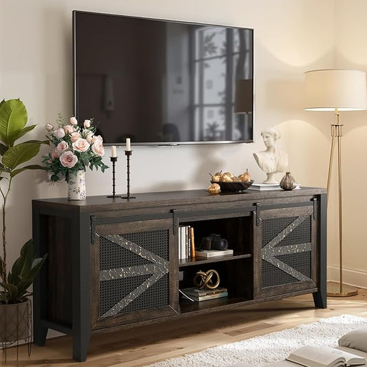VFK 70 Inch TV Stand for TVs up to 70", Rustic Farmhouse Media Console with Sliding Barn Doors, 6 Drawers, Entertainment Center for Living Room