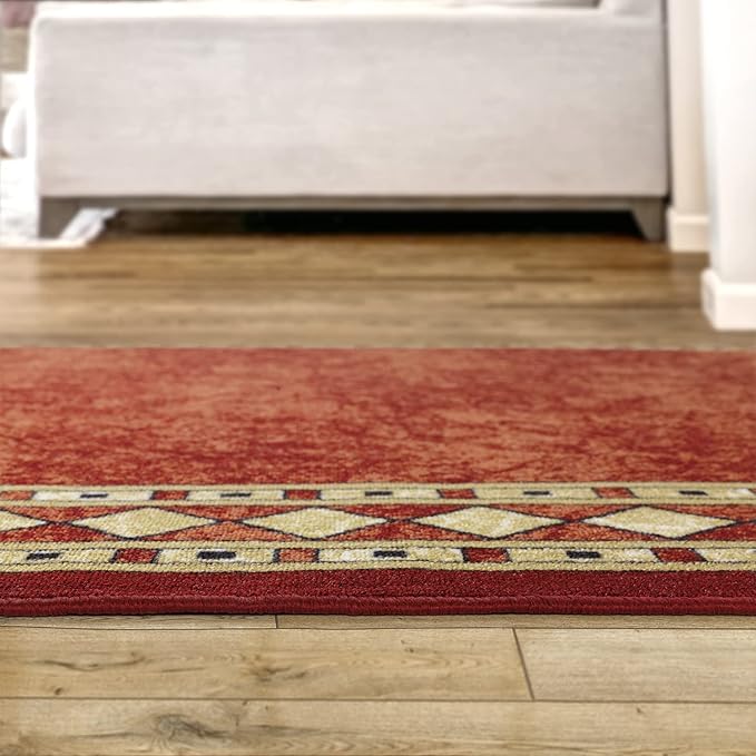 Antep Rugs Alfombras Modern Bordered 2x5 Non-Skid (Non-Slip) Low Profile Pile Rubber Backing Kitchen Area Rugs (Maroon Beige, 2' x 5' Oval)