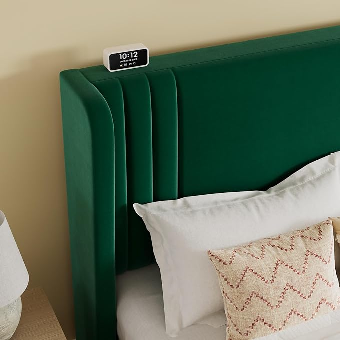 SHA CERLIN Queen Size Velvet Upholstered Platform Bed Frame with Vertical Channel Tufted Wingback Headboard, Wooden Slats Support, Easy Assembly, Under Bed Storage, No Box Spring Required, Green