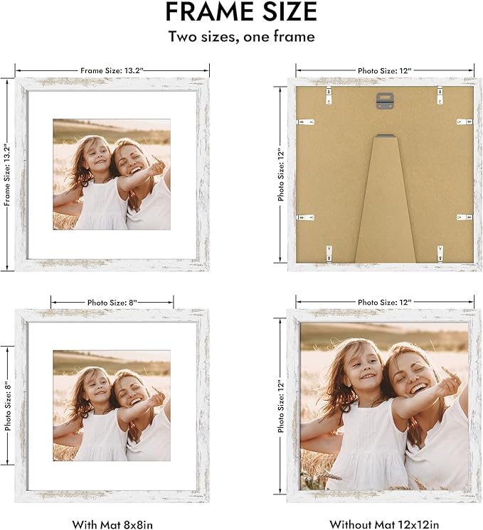 12x12 Picture Frame with Real Glass - 8x8 Wooden Frame with Mat, Horizontal and Vertical Display for Wall or Tabletop (Distressed White, 1 Pack)