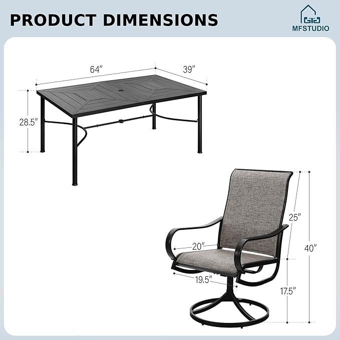 MFSTUDIO Patio Table and Chairs Set, Outdoor Dining Set for 6 with Umbrella Hole, 7 Piece Patio Dining Set for Deck, Backyard, Poolside & Garden