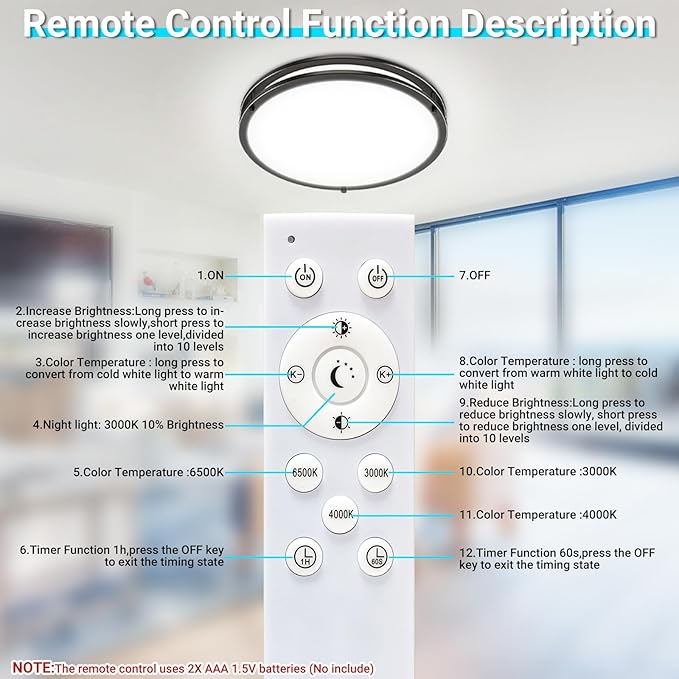 libtit 13 Inch LED Ceiling Lights with Remote for Bedroom Kitchen, 24W 2400lm Super Bright & Dimmable Flush Mount Light Fixtures, 2700K-6500K Adjustable Modern Lamps with Timer, Black