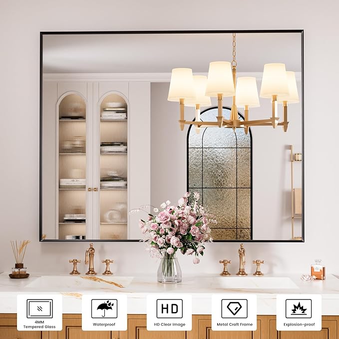 40x32 Inch Black Bthroom Mirror, Black Metal Frame Vanity Mirror for Wall, Square-Corner, Rectangle,Tempered Glass,Anti-Rust (Horizontal/Vertical), Bedroom, Living Room, Entryway