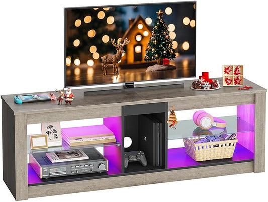 Bestier Entertainment Center LED Gaming TV Stand for 55+ Inch TV Adjustable Glass Shelves 22 Dynamic RGB Modes TV Cabinet Game Console PS4, Wash Gray