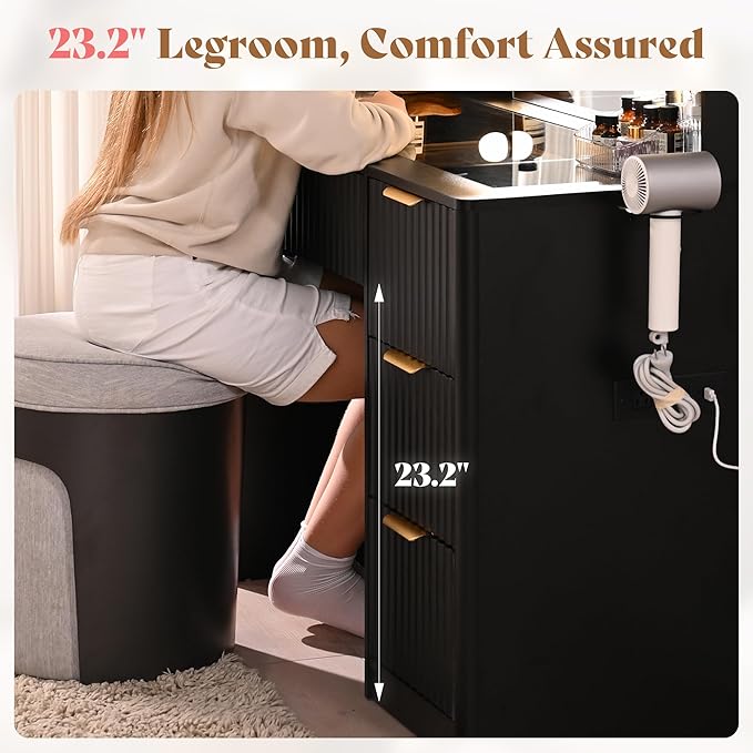 AMERLIFE 36.2" Fluted Vanity Desk with Large Mirror and Adjustable LED Lights, 4 Drawers Makeup Table with Glass Top and Charging Station for Women and Girls, Bedroom or Dorm, Black