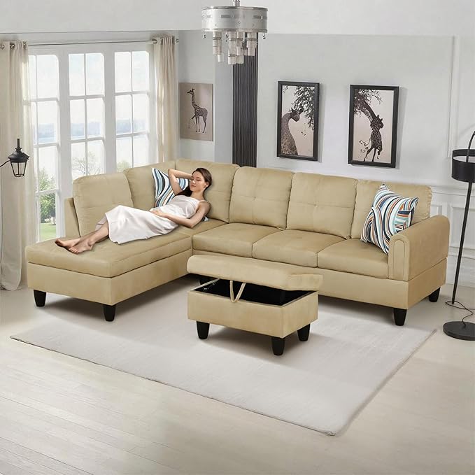 L-Shape 3-Piece Cloud Sofa, Couch for Living Room, Beige Flannel Fabric L-Shape with Reversible Chaise & Storage Ottoman, Ergonomic 110–115° Recline, Solid-Wood Frame