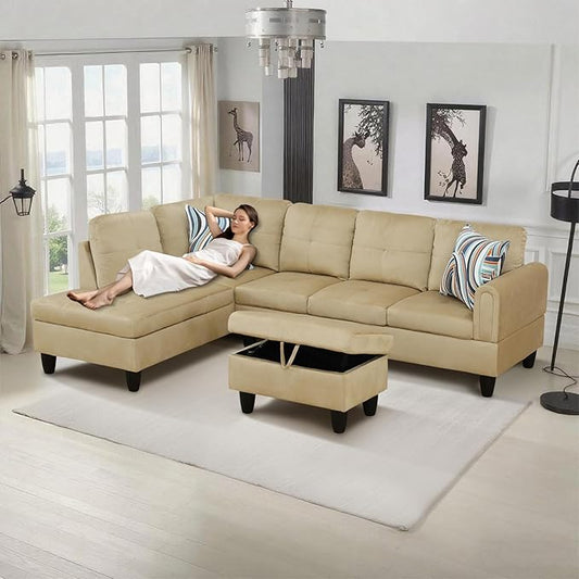 L-Shape 3-Piece Cloud Sofa, Couch for Living Room, Beige Flannel Fabric L-Shape with Reversible Chaise & Storage Ottoman, Ergonomic 110–115° Recline, Solid-Wood Frame