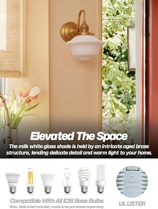 Vintage Wall Sconces Antique Brass Gold Bathroom Vanity Light with Milk Glass Hardwire Wall Sconce Light Lamp for Bathroom Mirror Living Room Bedroom Kitchen Indoor