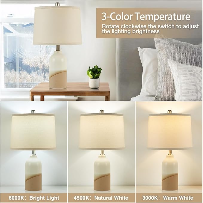Luvkczc Ceramic Table Lamps Set of 2, 3-Color Temperature Adjustable Bedside Lamps with Line Lampshade, Nightstand Lamps for Bedroom, Living Room, Entryway Home Decor, Modern Table Lamps