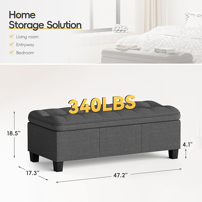 JUMMICO 47 Inches Storage Ottoman with Legs, End of Bed Bench, Foot Rest for Couch, for Living Room, Bedroom, Entryway, 17.3" D x 47.2" W x 18.5" H, Easy Assembly (Dark Gray)