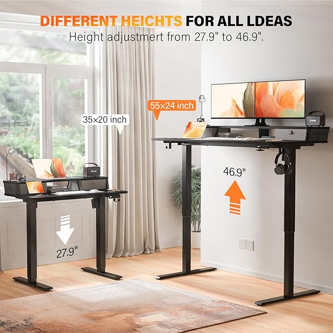 Electric Standing Desk with 2 Drawers 48''x 24'' Adjustable Height Sit to Stand Up Desk with Storage Shelf, C-Clamp Mount Compatible Black Home Office Desks Computer Gaming Table Ergonomic Workstation
