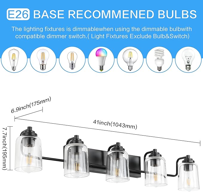 SOLFART 5 Lights Black Bathroom Light Fixtures Over Mirror Vanity Lights Scone Lighting Bathroom Lights for Mirror 41 Inch