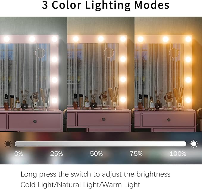 55'' Vanity Desk, Makeup Vanity with Charging Station, 13 Drawers with Lighted Mirror, 3 Lighting Modes, Brightness Adjustable, Glass Top, Vanity Table with Chair for Bedroom, Pink