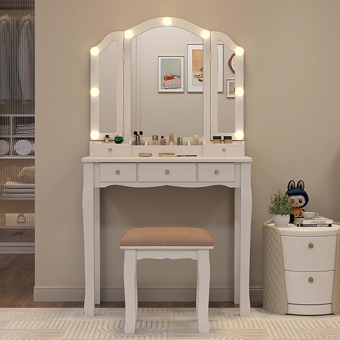 White Vanity Desk with Mirror and Lights Makeup Vanity Set Teen Vanity Mirror with Lights Desk and Chair Makeup Vanity Table Makeup Vanity with Drawers Tocadores
