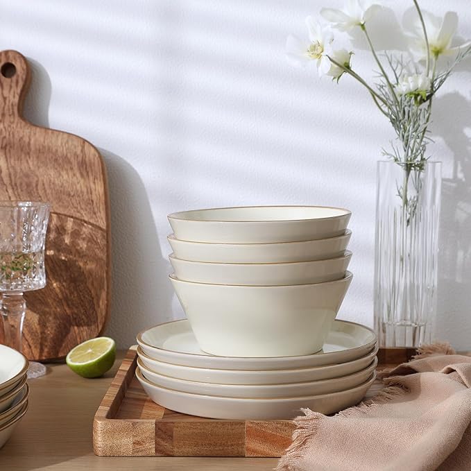 Famiware Saturn Dinnerware Sets, Plates and Bowls Sets for 4, 12 Pieces Stoneware Dish Set - Chip and Scratch Resistant, Microwave and Dishwasher Safe Tableware Set, Vanilla White with Rim