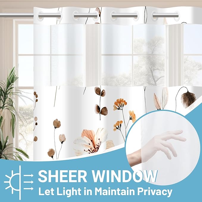 No Hook Shower Curtain with Snap in Liner - Floral Shower Curtain - Fabric Waterproof Inner Liner, Plants Watercolor Brown Modern Cloth Shower Curtains - Machine Washable, 71 x 74